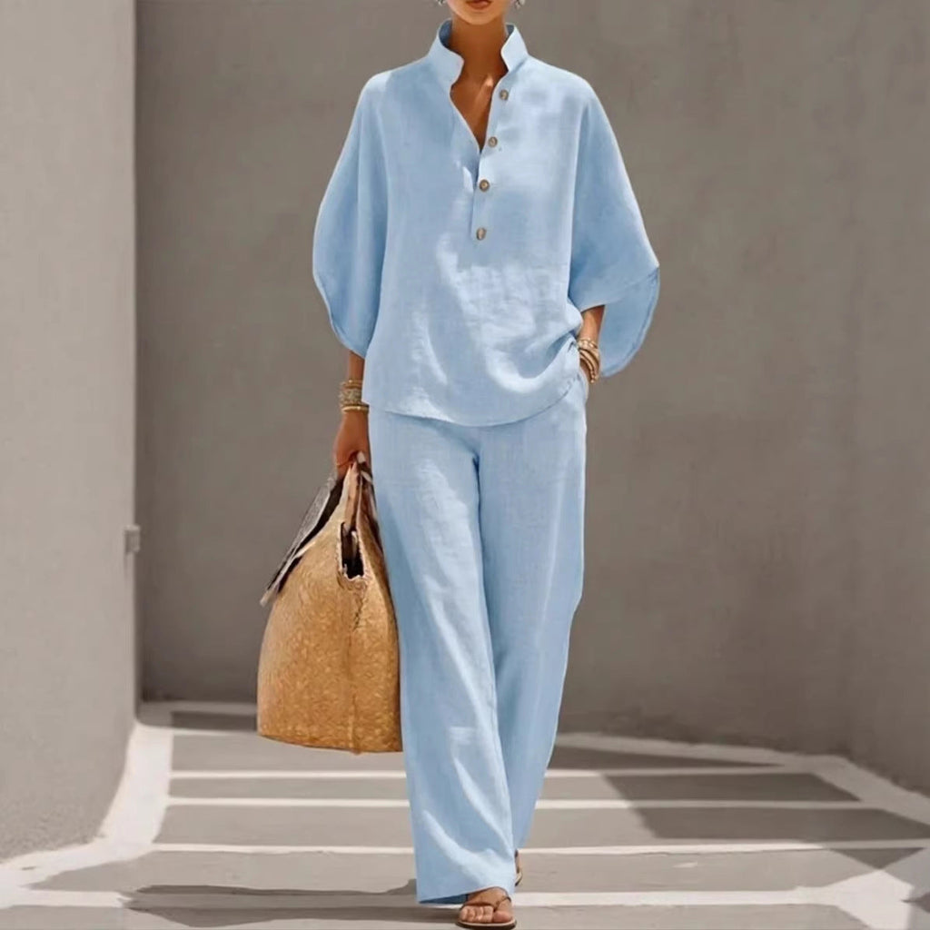 Women's Casual Linen-Look Shirt and Full-Length Pants Set - Image 4