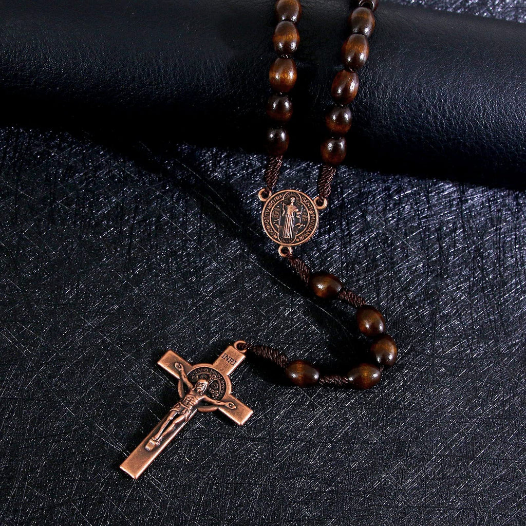 Rosary Necklace With Cross Wooden Beads Braided Cord Jewelry