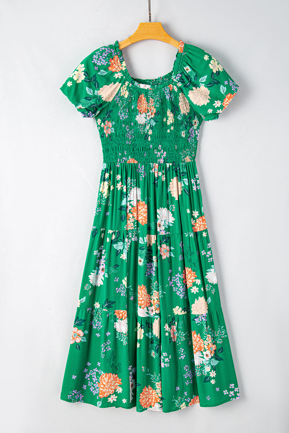 Floral Bubble Sleeve Smock Tiered Midi Dress