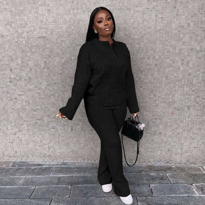Women's Minimalist Long Sleeve Knit Two-Piece Loungewear Suit