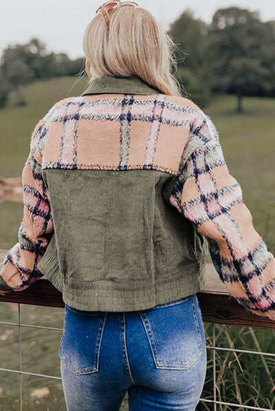 Plaid Corduroy Button Up Jacket with Flap Pockets