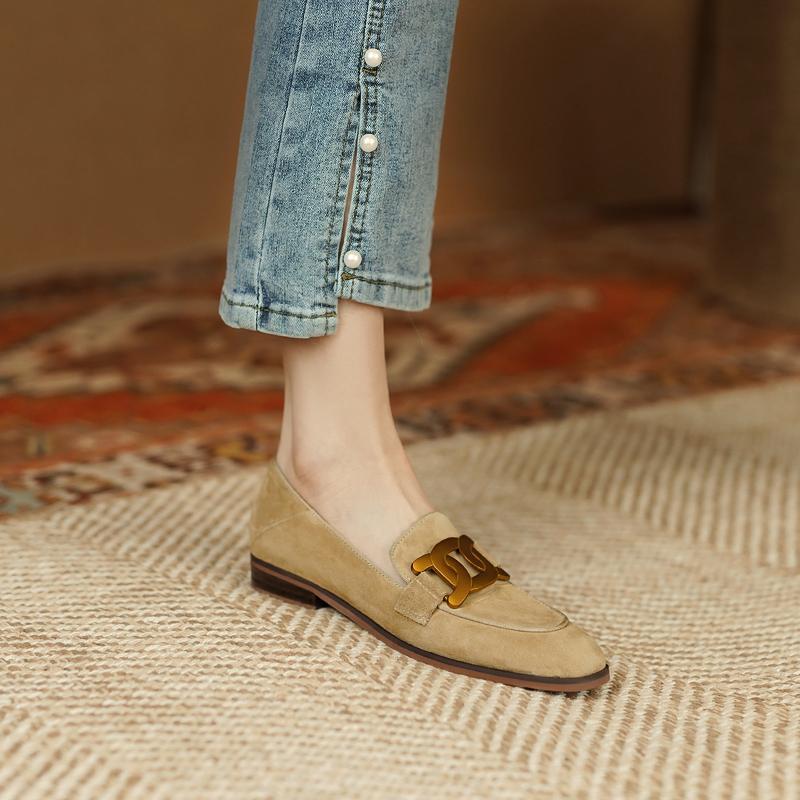 Women's Navy Suede Loafers with Retro Metal Buckle Detail - Image 6
