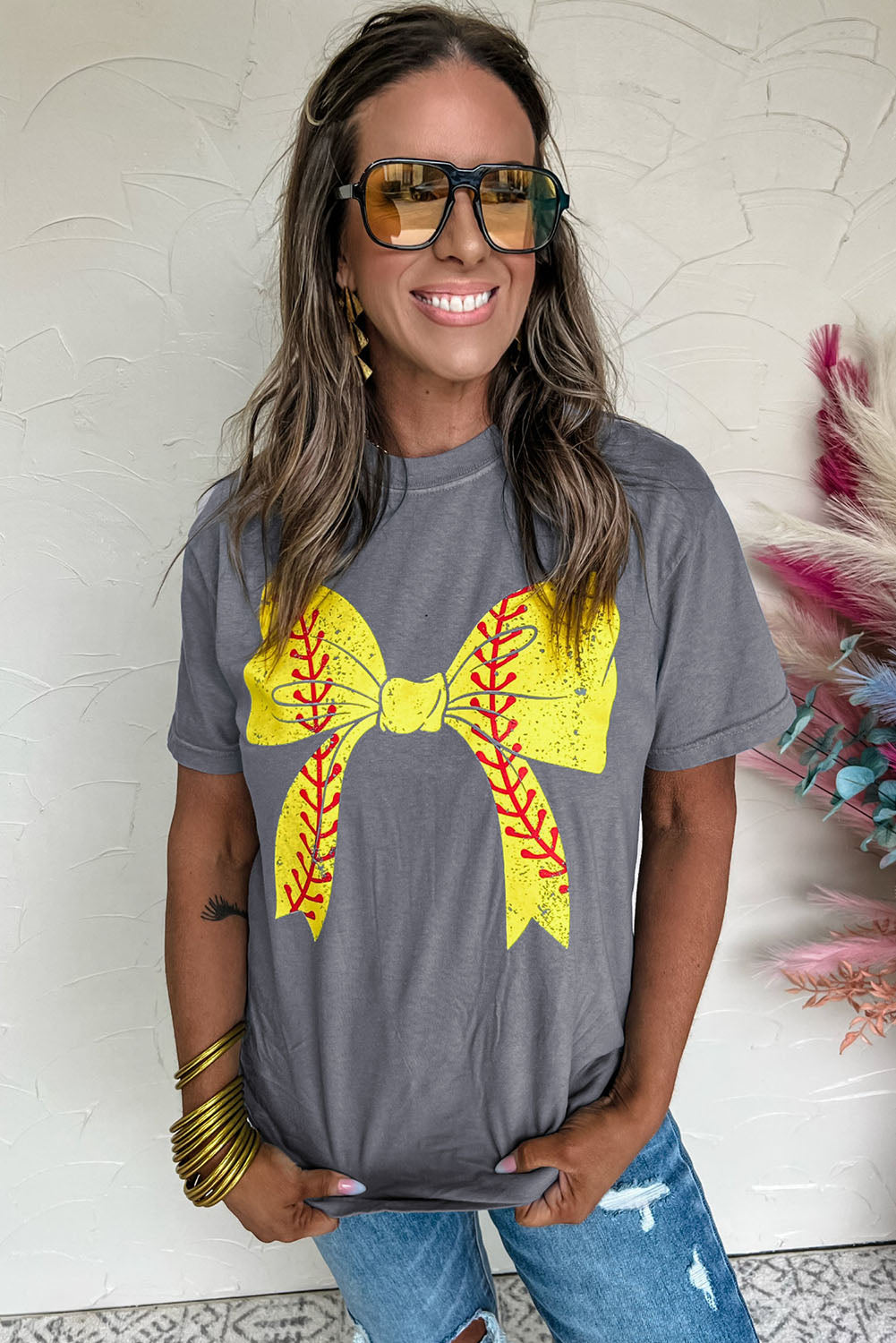 Gray Casual Baseball Graphic Tee with Bowknot & Roll Up Sleeves