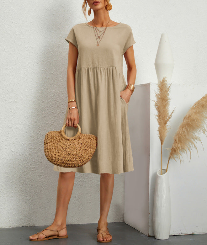 Cotton Blend Round Neck A-Line Skirt Dress