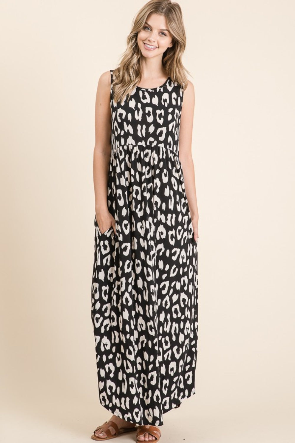 Leopard Print Maxi Dress with Pockets and Shirred Waist