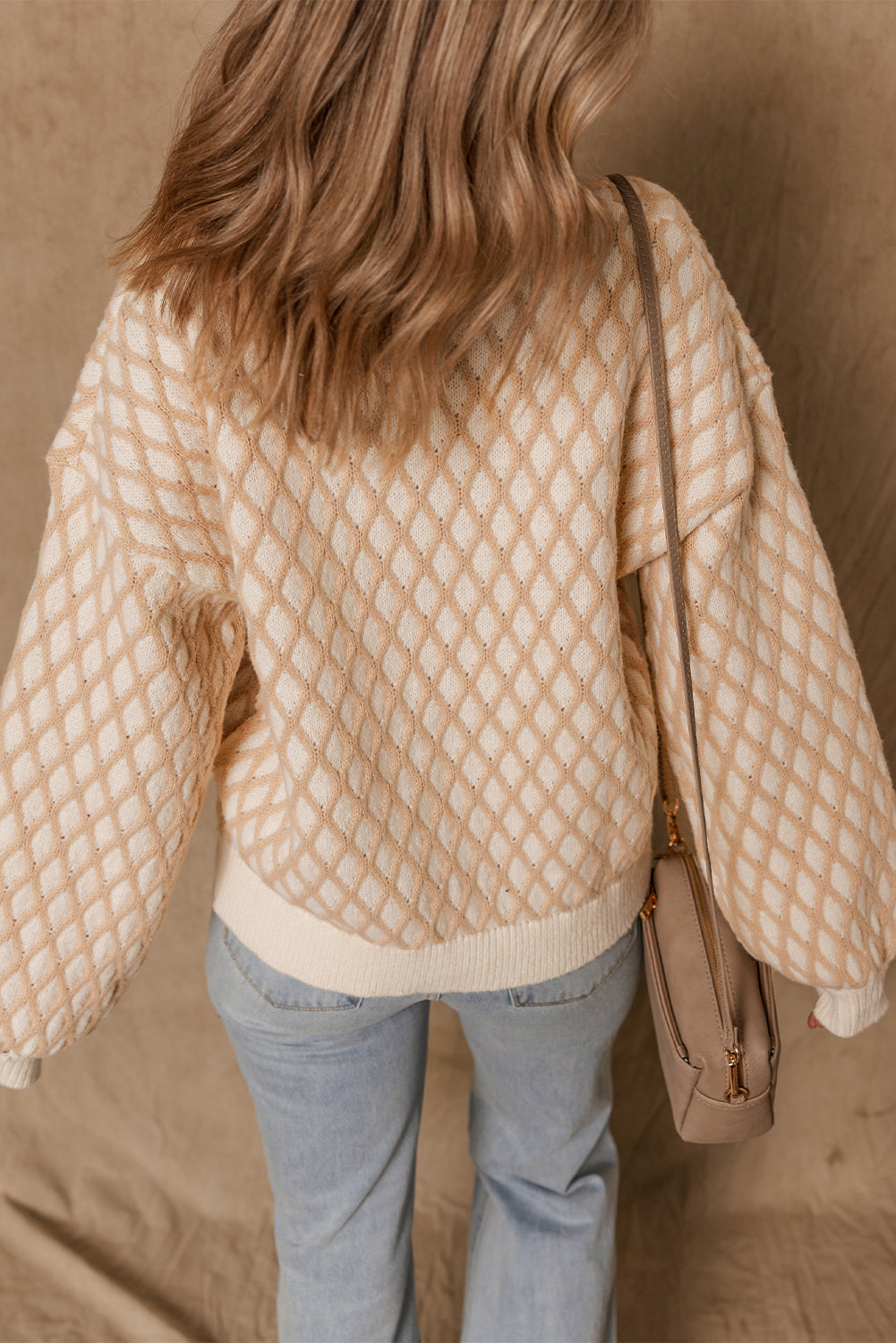 Ximena Rhombus Textured Knit Mock Neck Sweater in Beige Cream