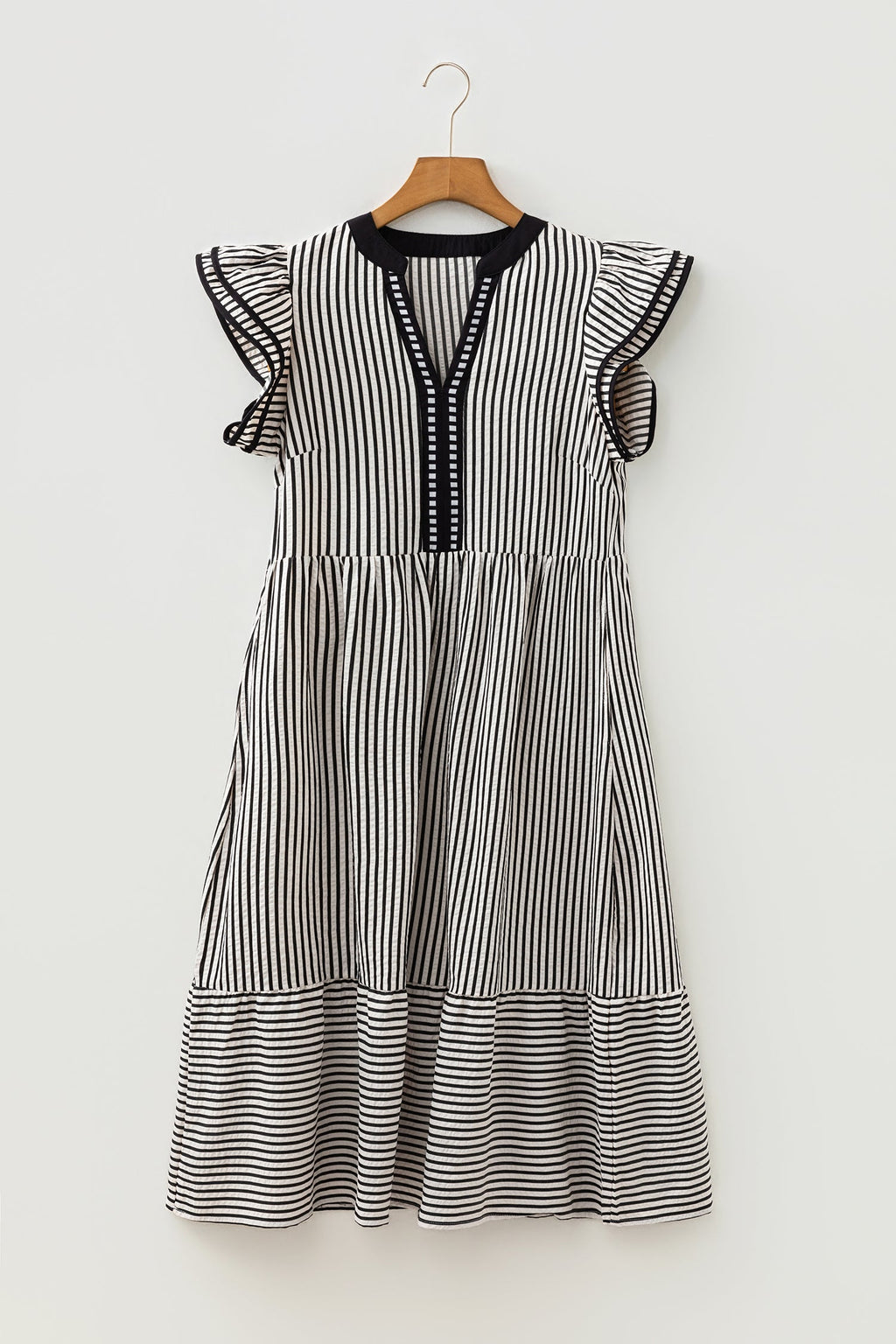 Stripe Ruffle Short Sleeve V-Neck Midi Dress