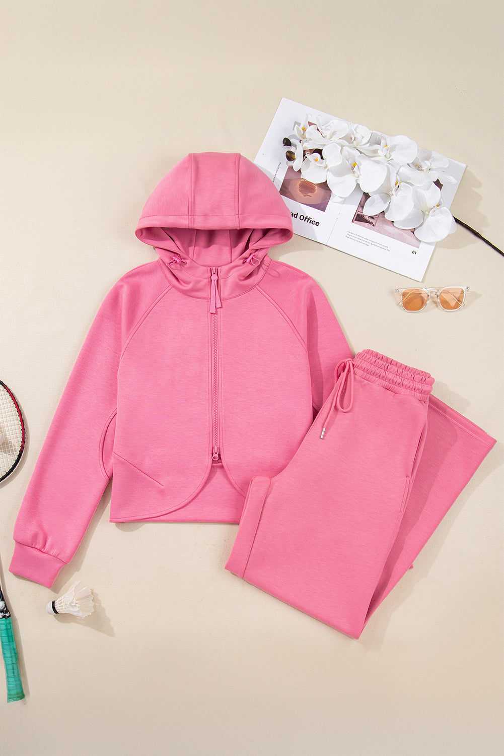 Solid Zip Up Hoodie and Pants Set