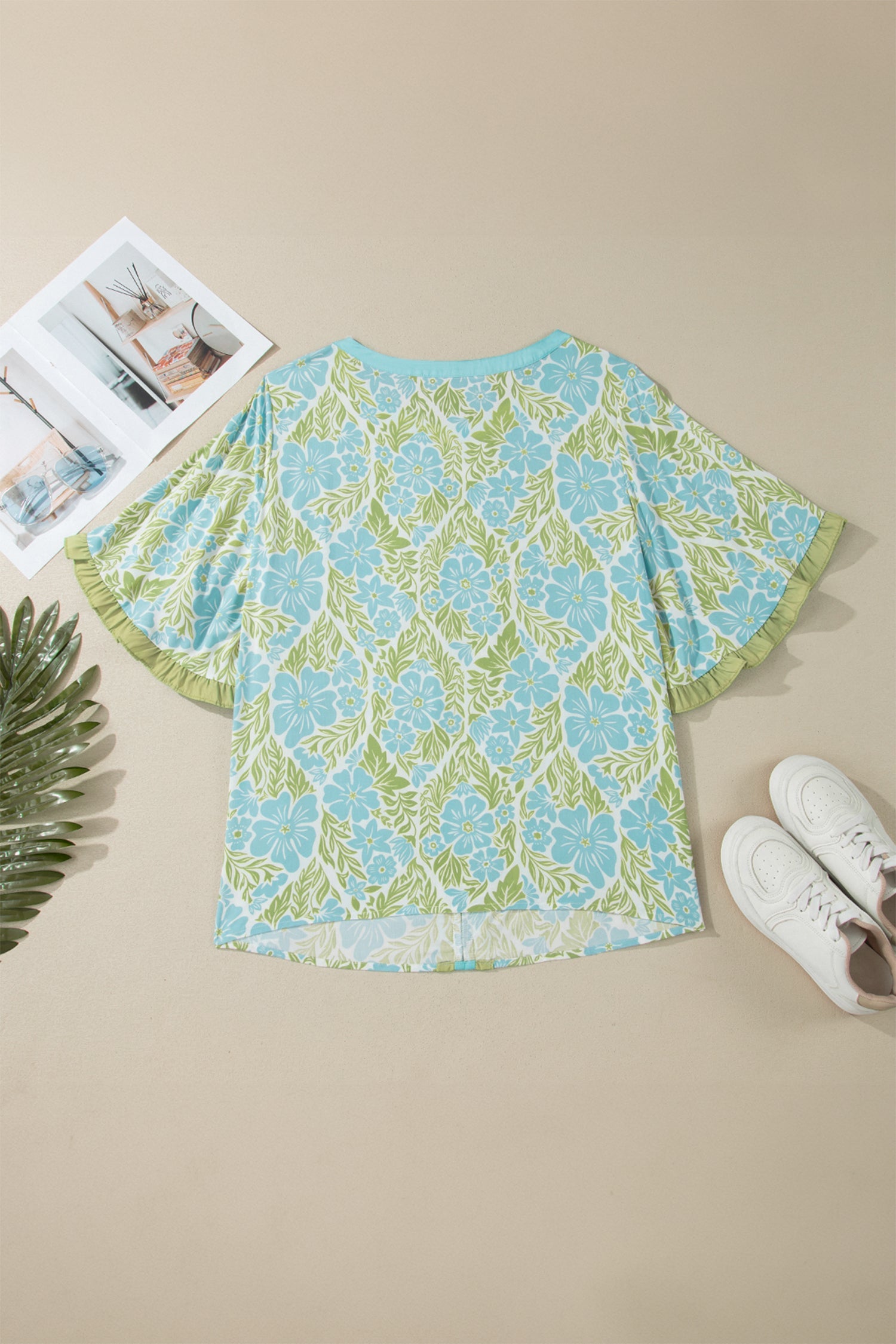 Elina Floral Short Sleeve Blouse with Ruffled Trim and Color Block