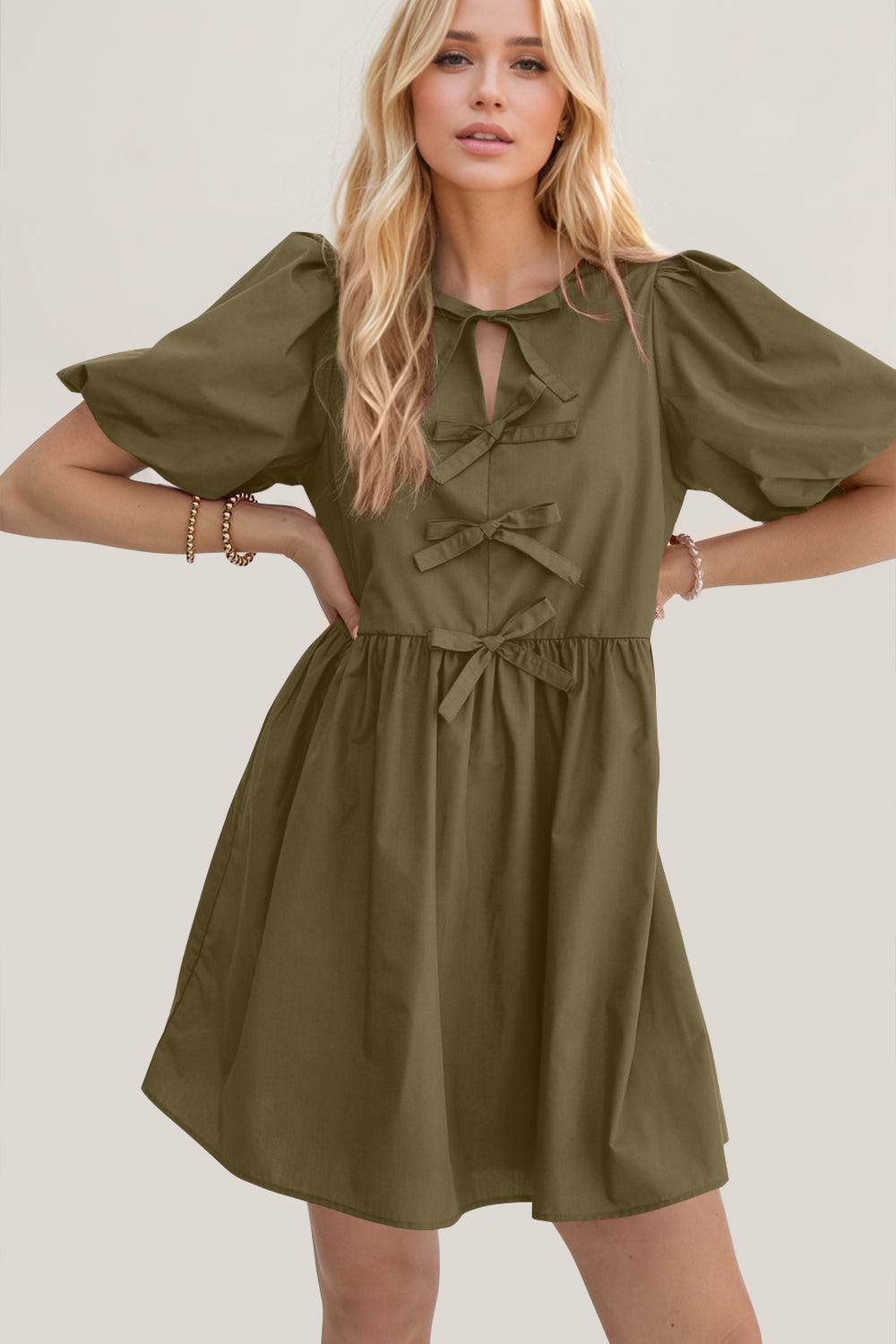 Ruched Puff Sleeve Mini Dress with Bow Detail