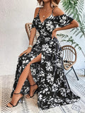 Floral Off-Shoulder A-Line Split Maxi Dress with Waist Belt