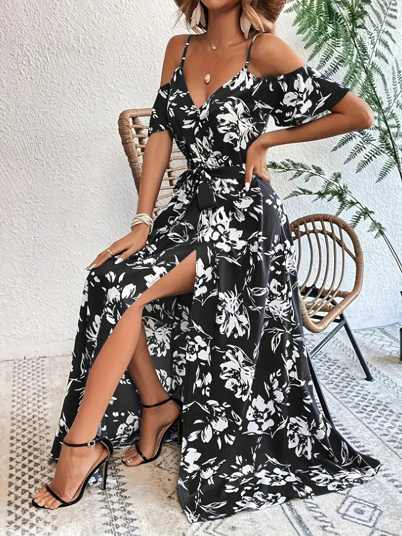 Floral Off-Shoulder A-Line Split Maxi Dress with Waist Belt