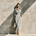 Women's Color-Block Belted Wrap Long Shirt Dress