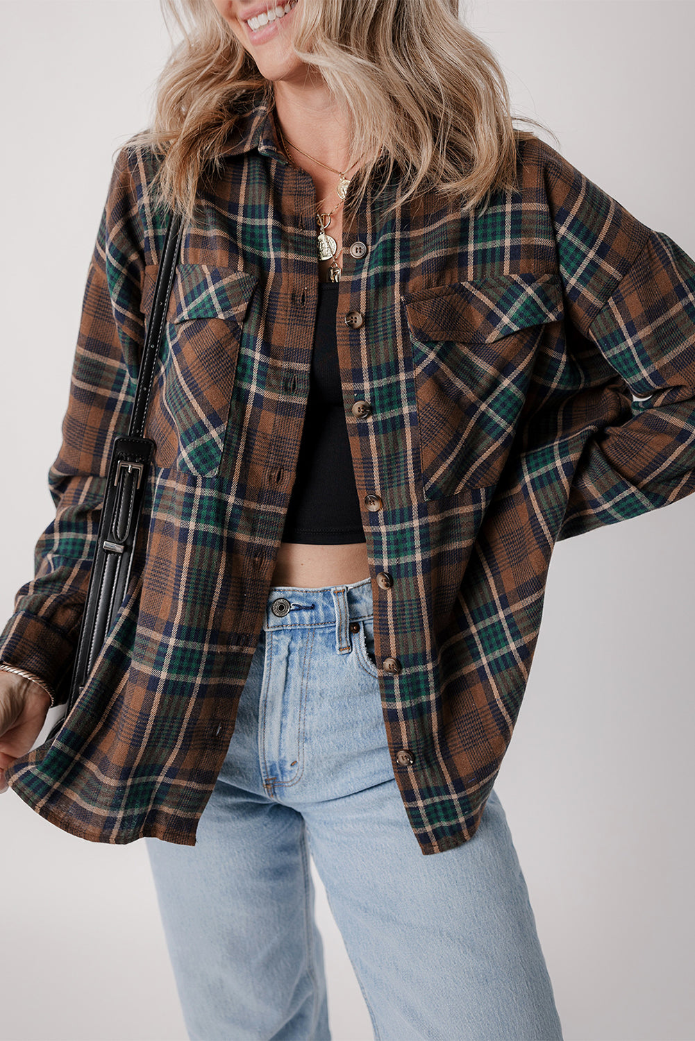 Women's Brown Plaid Button-Up Shacket with Chest Flap Pockets - Image 5