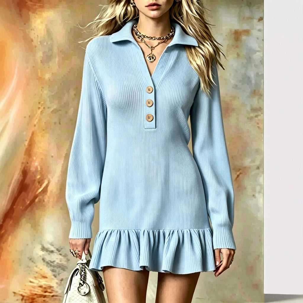 Ribbed Knit Polo Dress | Ruffle Hem Mini | Button-Neck Long Sleeve Dress