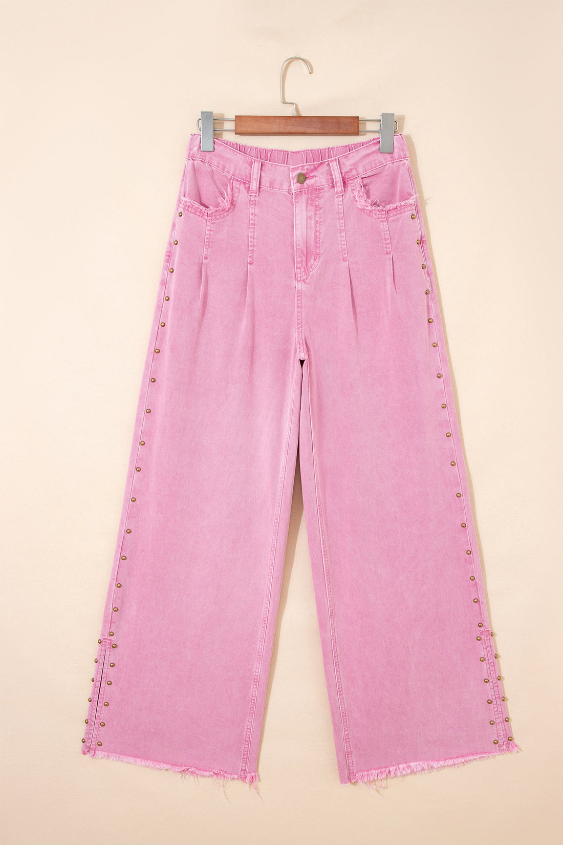 Studded Side Split Hem Wide Leg Jeans in Pink