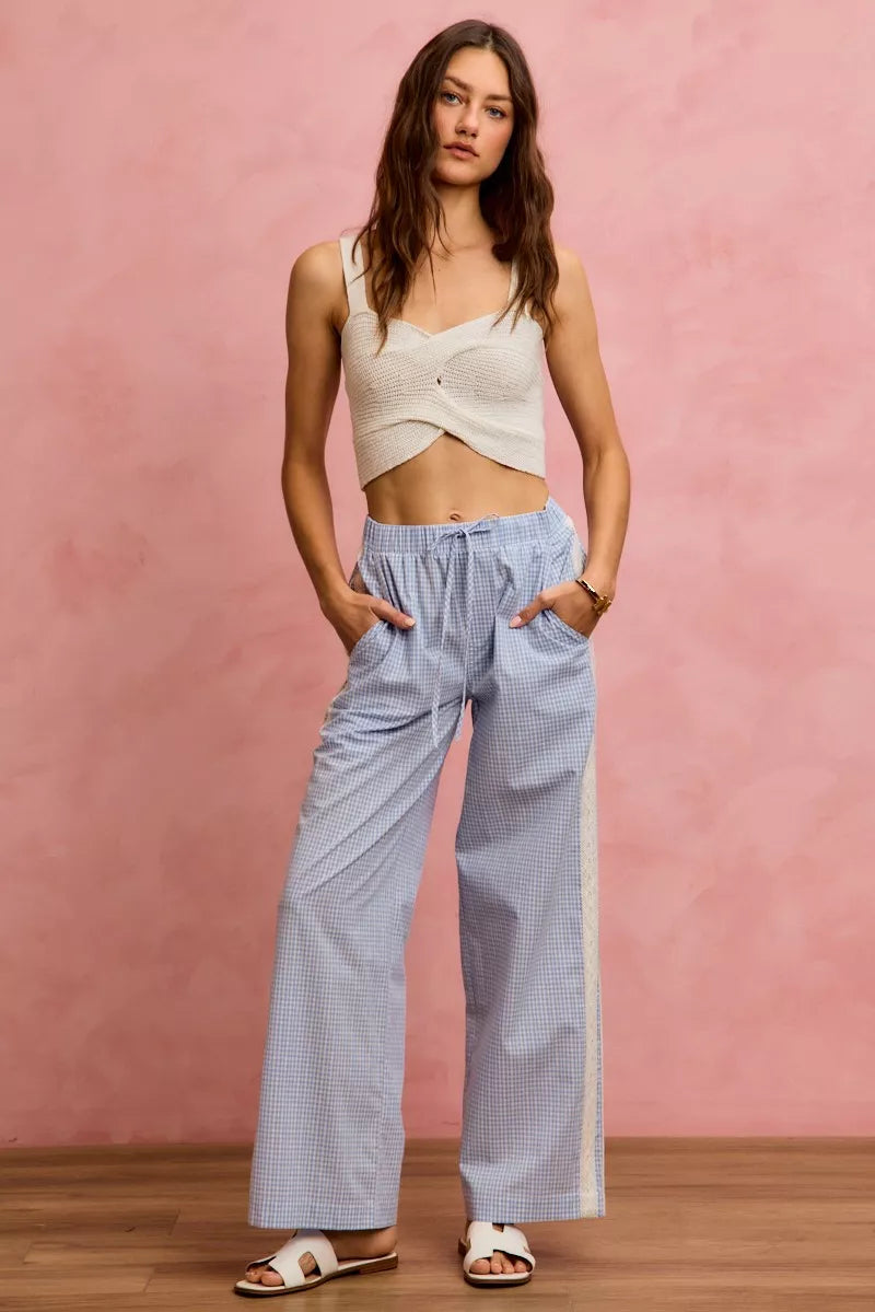 Women's Wide Leg Check Pants with Lace Trim in Light Blue White