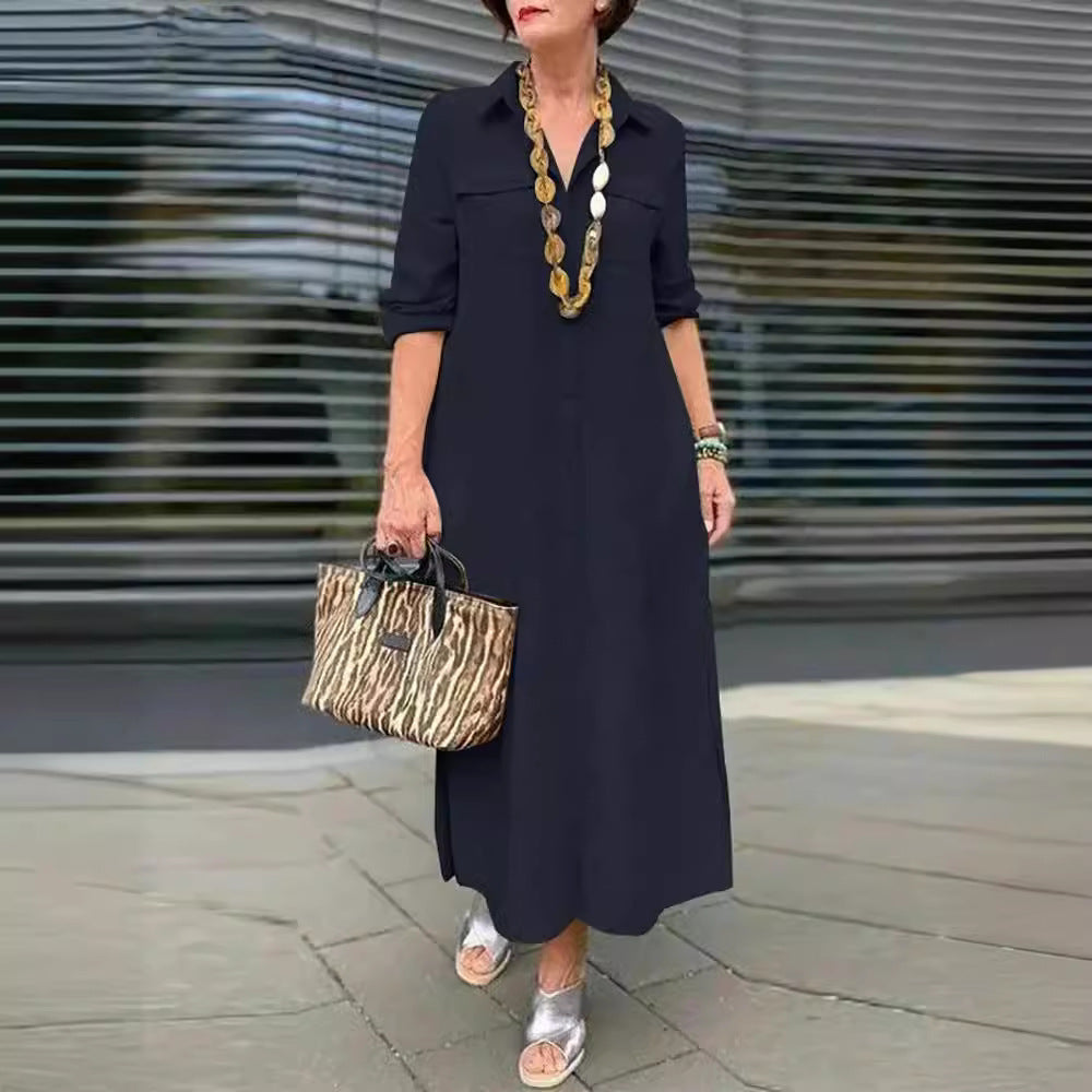 Long Sleeve Button Lapel Dress in Minimalist Solid Colors