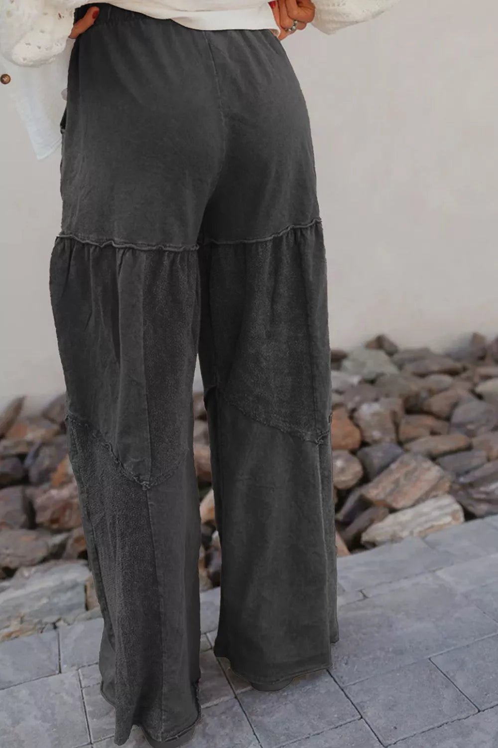 Mineral Wash Tiered Wide Leg Patchwork Drawstring Pants