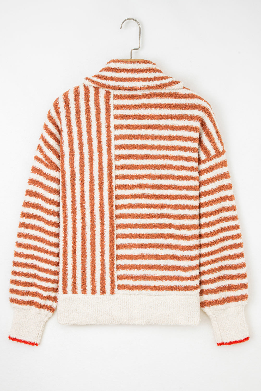 Women's Striped Cowl Neck Drop Shoulder Sweater in Rust and Cream