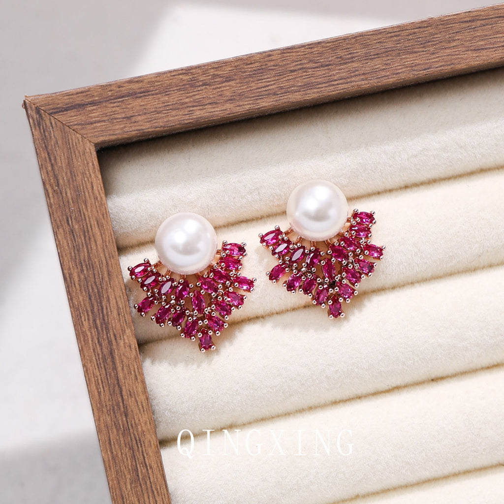 Womens Maple Leaf Pearl Inlaid Stud Earrings,Rhinestone Decorated Costume Earrings For Banquet Party Wear