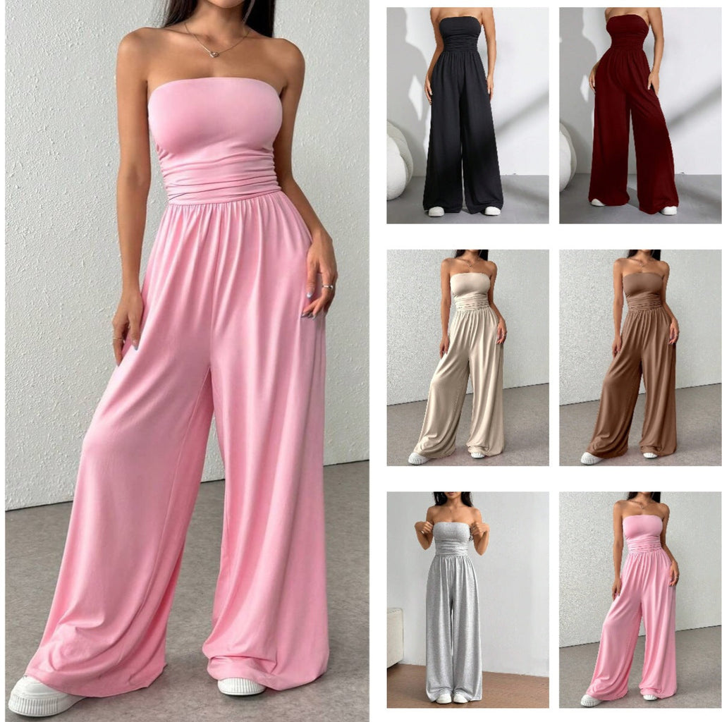 Model wearing a pink high-waist wide-leg pants and tube top two-piece set, with color swatches shown on the side.