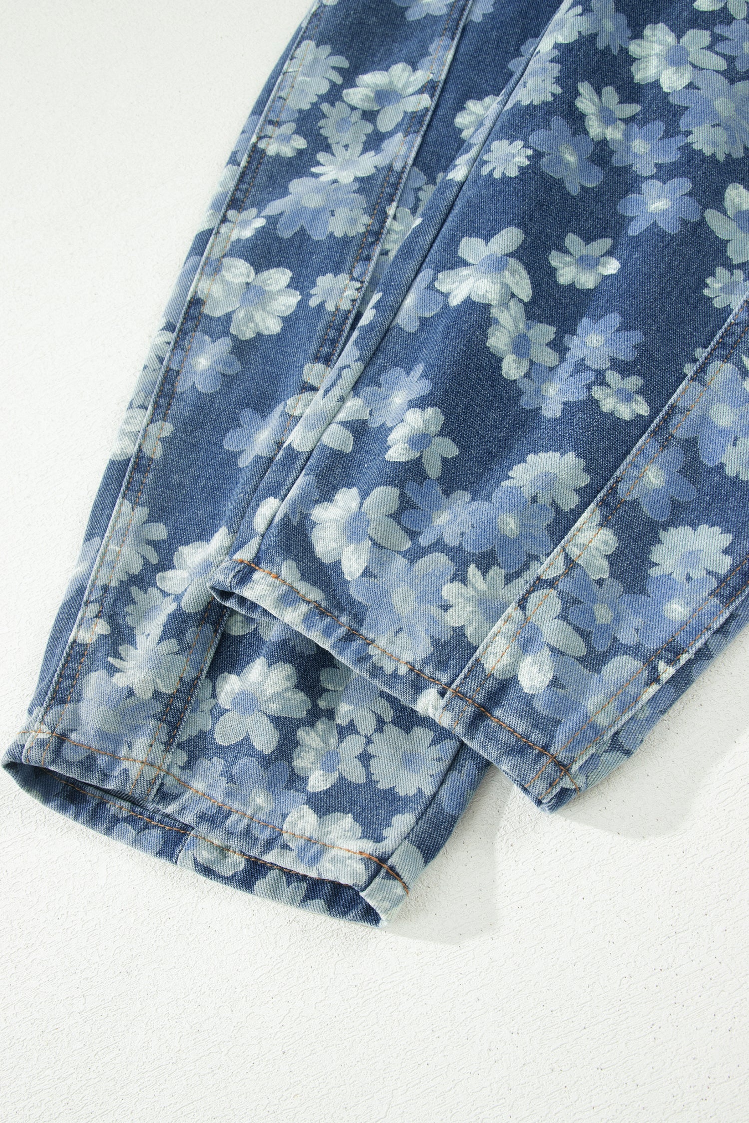 Sky Blue Dainty Floral Print Barrel Leg Drawstring Jeans