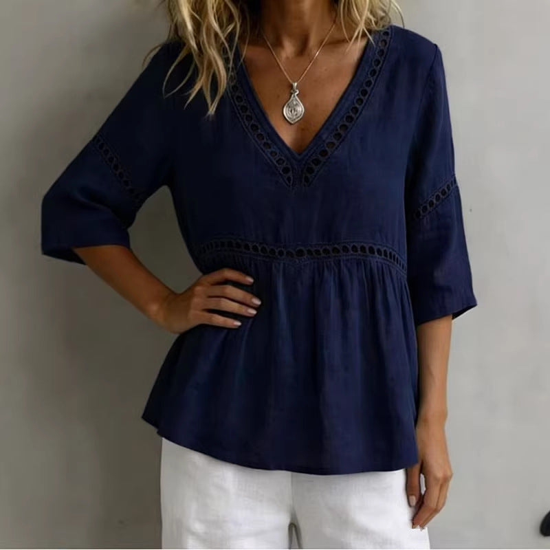 Women's V-Neck Cotton Linen Fringed Top with Hollow-Out Detail - Image 5