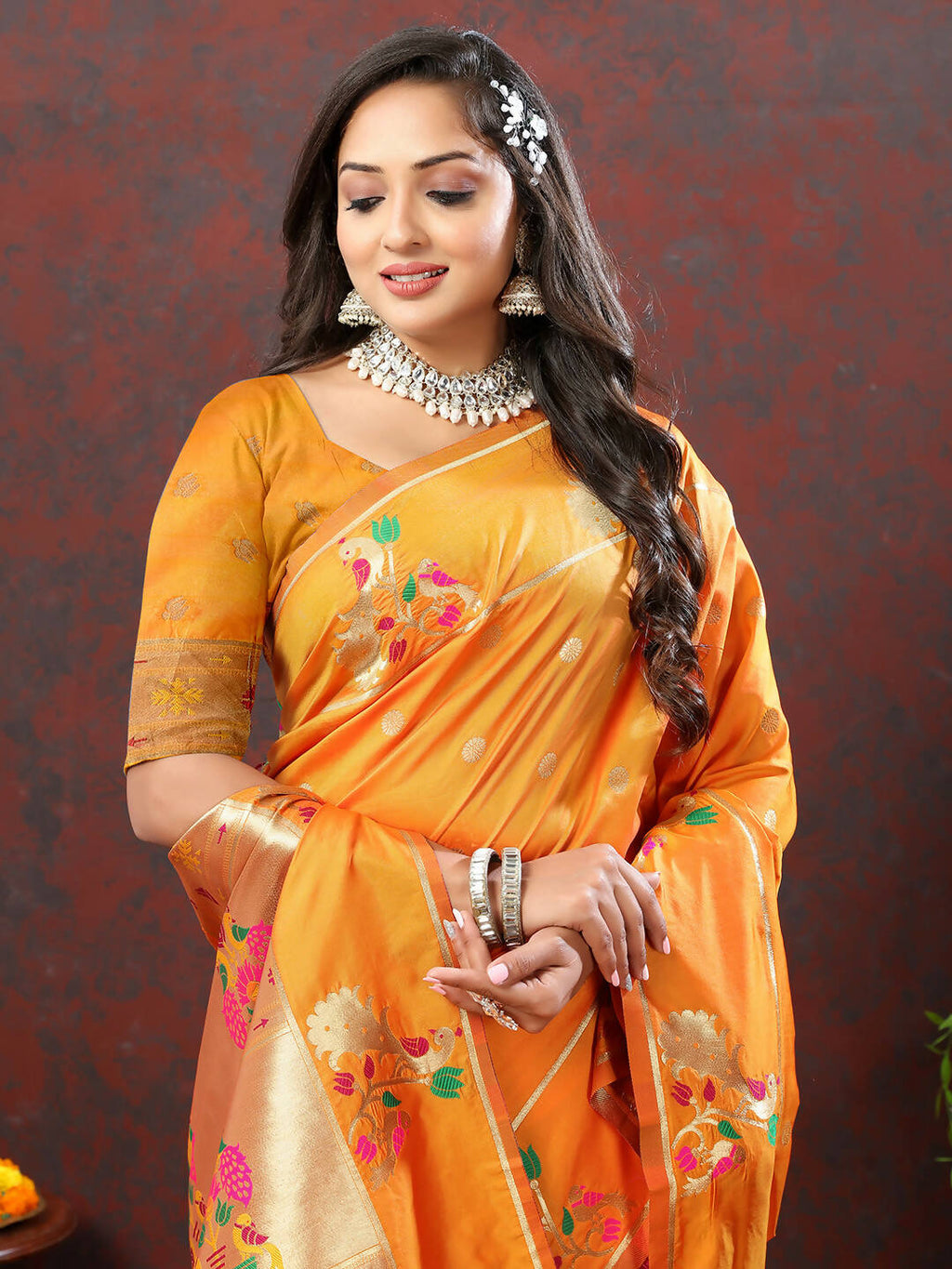 Orange Soft Paithani Silk Saree with Gold Zari Meenakari