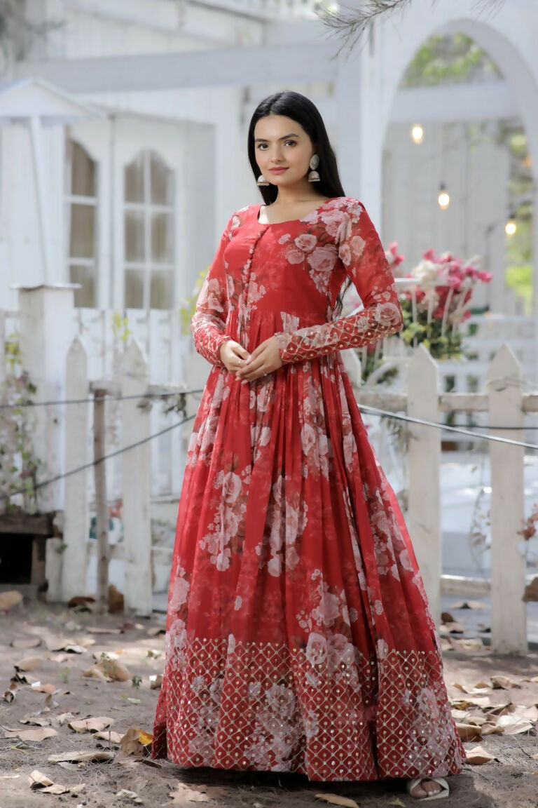 Red Sequence Zari Embroidered Anarkali Dress in Faux Georgette