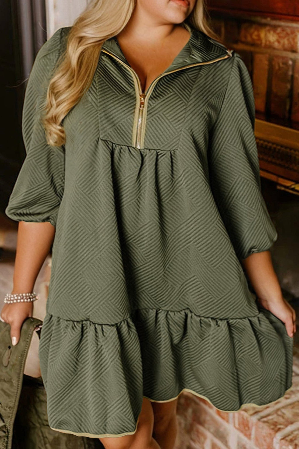 Jungle Green Plus Size Textured Contrast Trim Quarter Zip Bracelet Sleeve Mini Dress