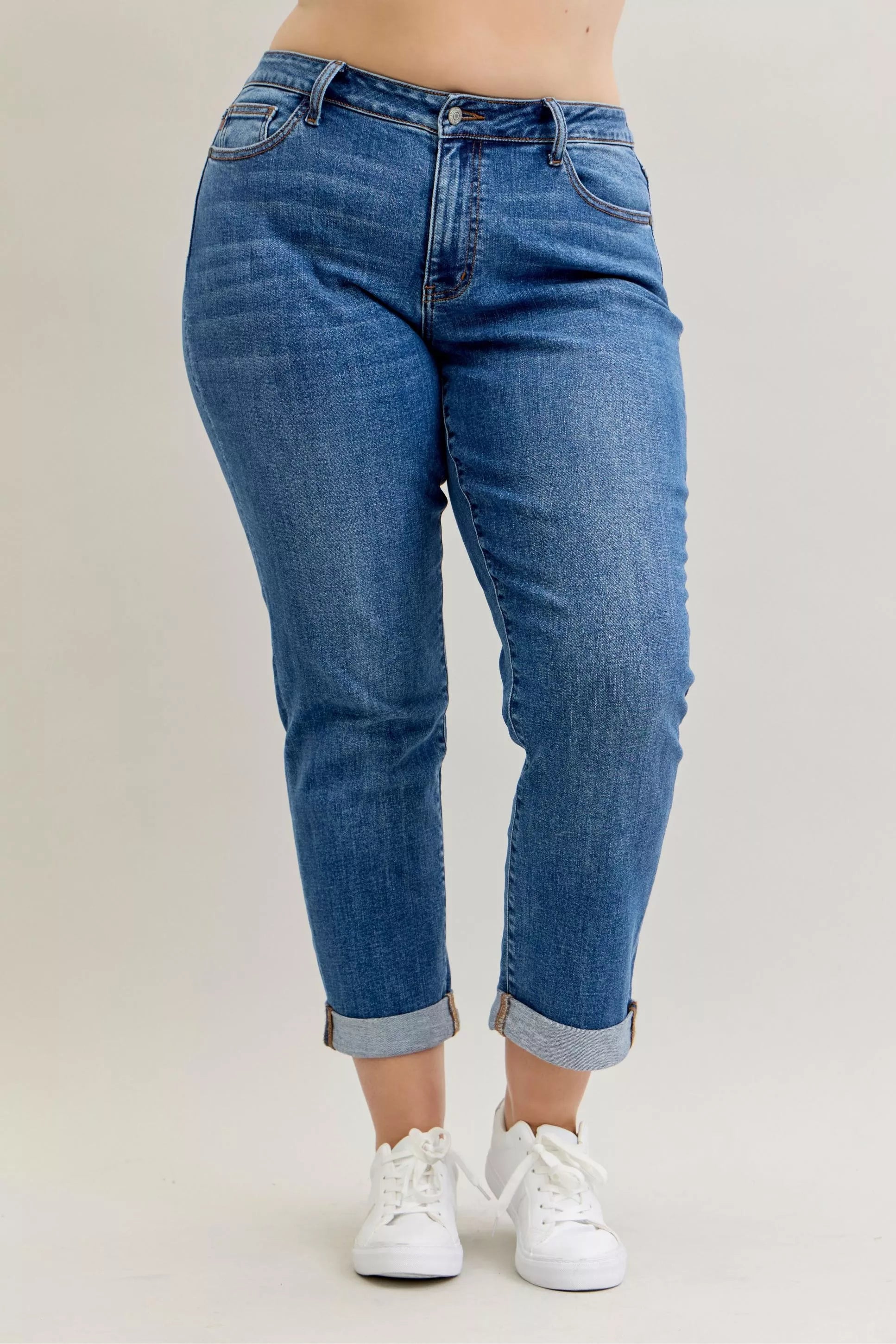 Judy Blue Mid Rise Boyfriend Cuffed Jeans | Stretch Denim