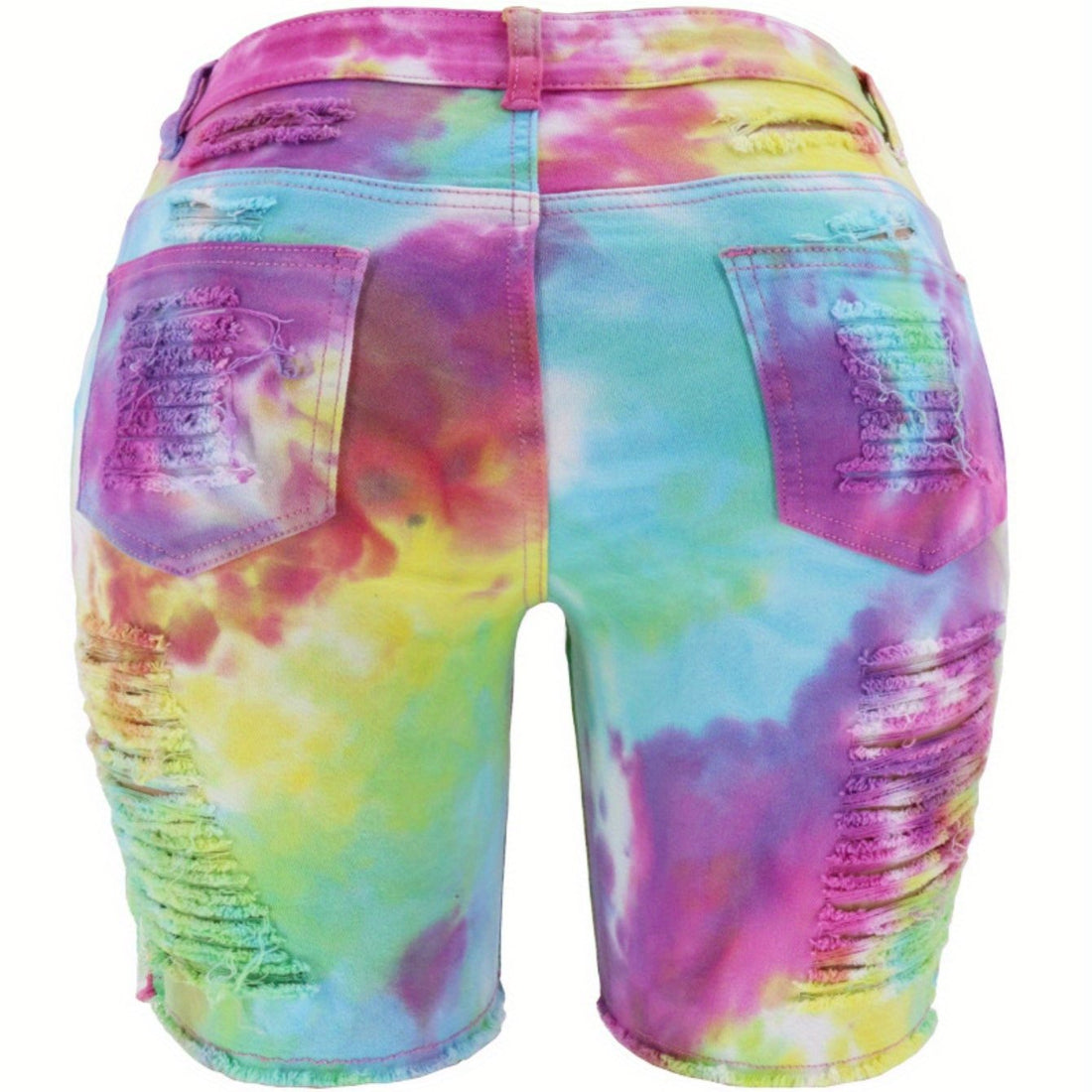 Women High Waist Tie-Dye Distressed Denim Mid-Length Shorts - Image 10