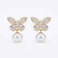 925 Sterling Silver Elegant Crystal Butterfly and Lustrous Pearl Drop Earrings