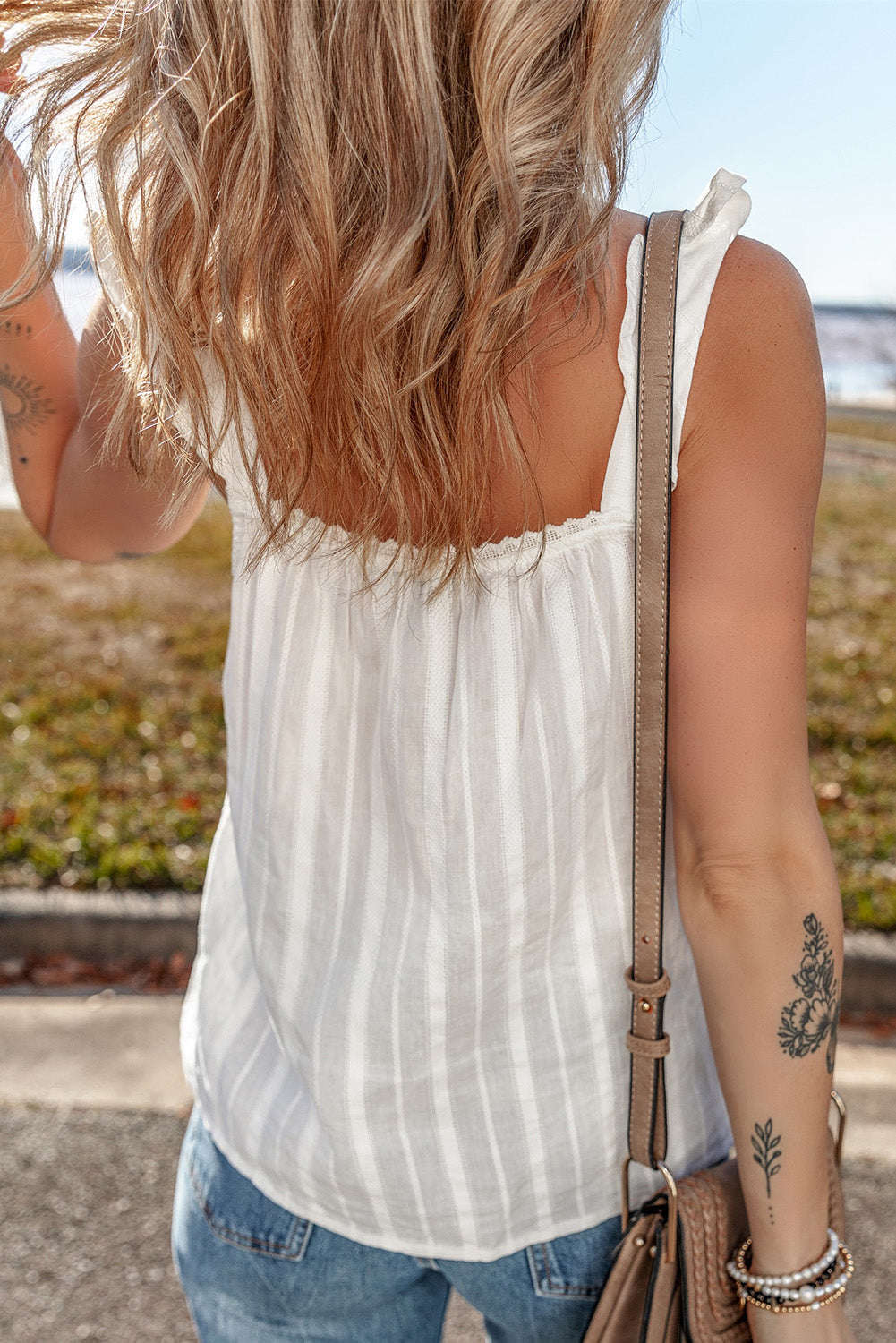 Lace Crochet Ruffle Buttoned Tank Top