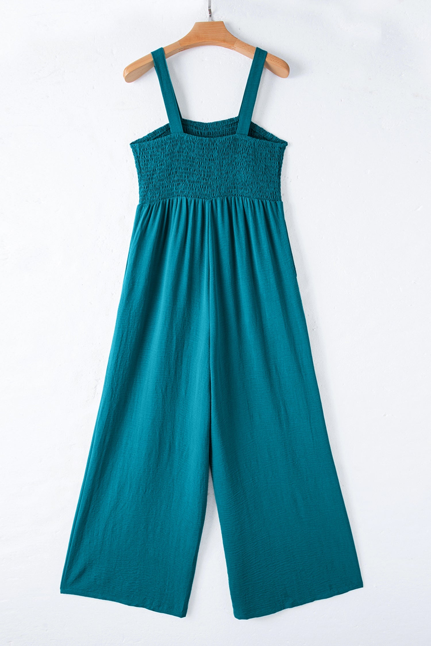 Solid Smocked Square Neck Sleeveless Wide Leg Jumpsuit