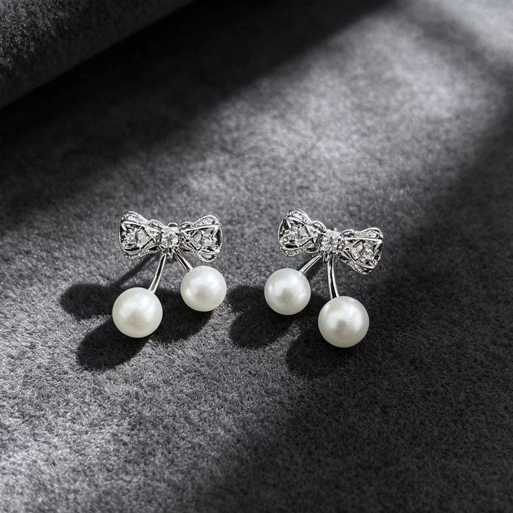 Bow-knot Diamond-studded Pearl Womens Earrings