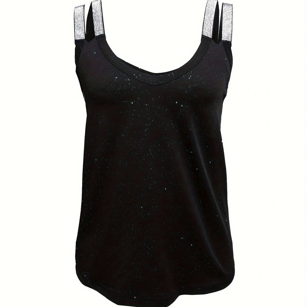 Women's Black Sequin Camisole Top with Rhinestone Straps