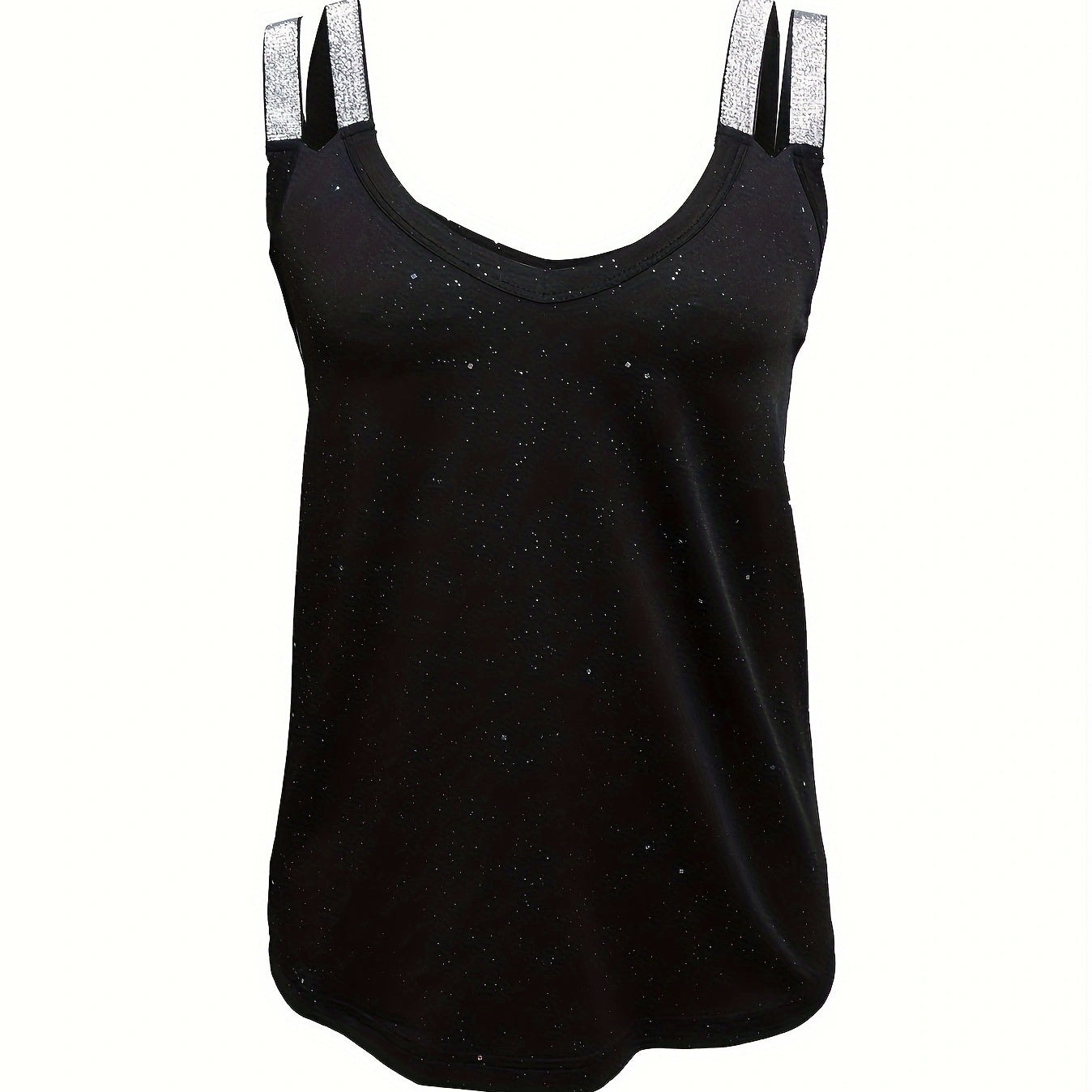 Women's Black Sequin Camisole Top with Rhinestone Straps