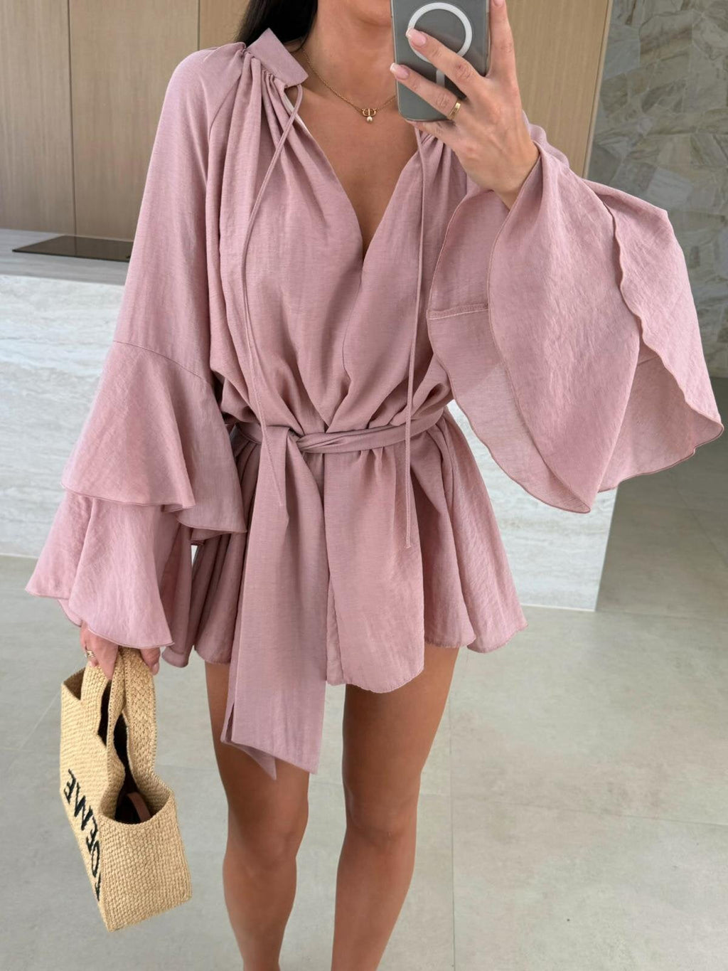 Women's V-Neck Lace-Up Irregular Hem Loose Dress