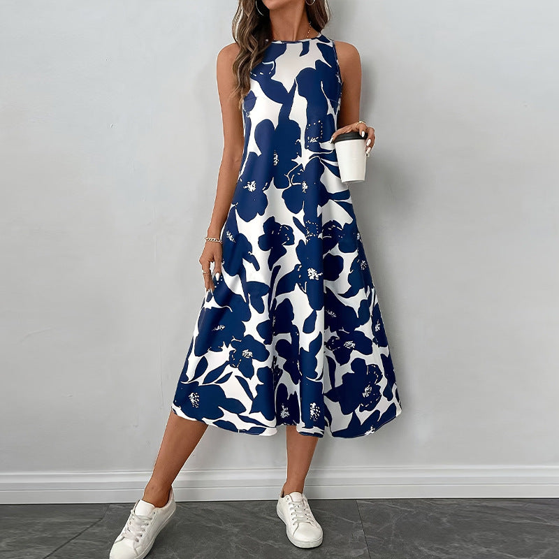 Floral A-Line Midi Dress Sleeveless Button-Front Vest Dress