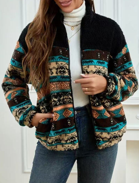 Women's Black Double-Sided Plush Zip-Up Cardigan - Stand Collar Winter Jacket