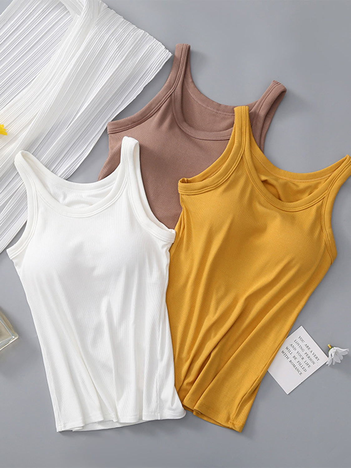 Women's Fitted Round Neck Tank Top with Built-in Bra - Sleeveless