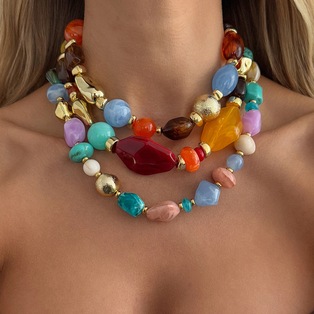 Bohemian Colorful Resin Bead Necklace Layered Statement Jewelry