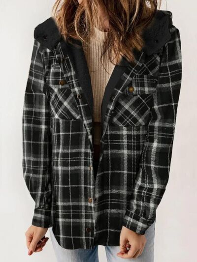 Plush Plaid Snap Down Hooded Jacket Cozy Warm Casual Outerwear