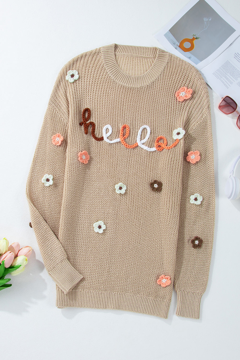 Hello Floral Embroidered Knit Long Sleeve Loose Sweater