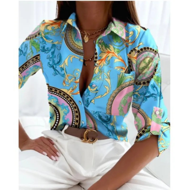 Women’s Printed Long-Sleeve Lapel Blouse Casual Button-Down Top