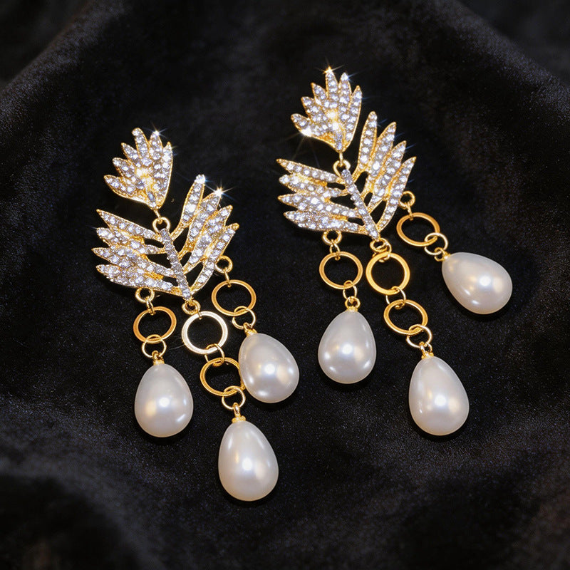 Womens Leaf Teardrop Rhinestone Inlaid Tassel Stud Earrings,Costume Earrings For Daily Party Wear