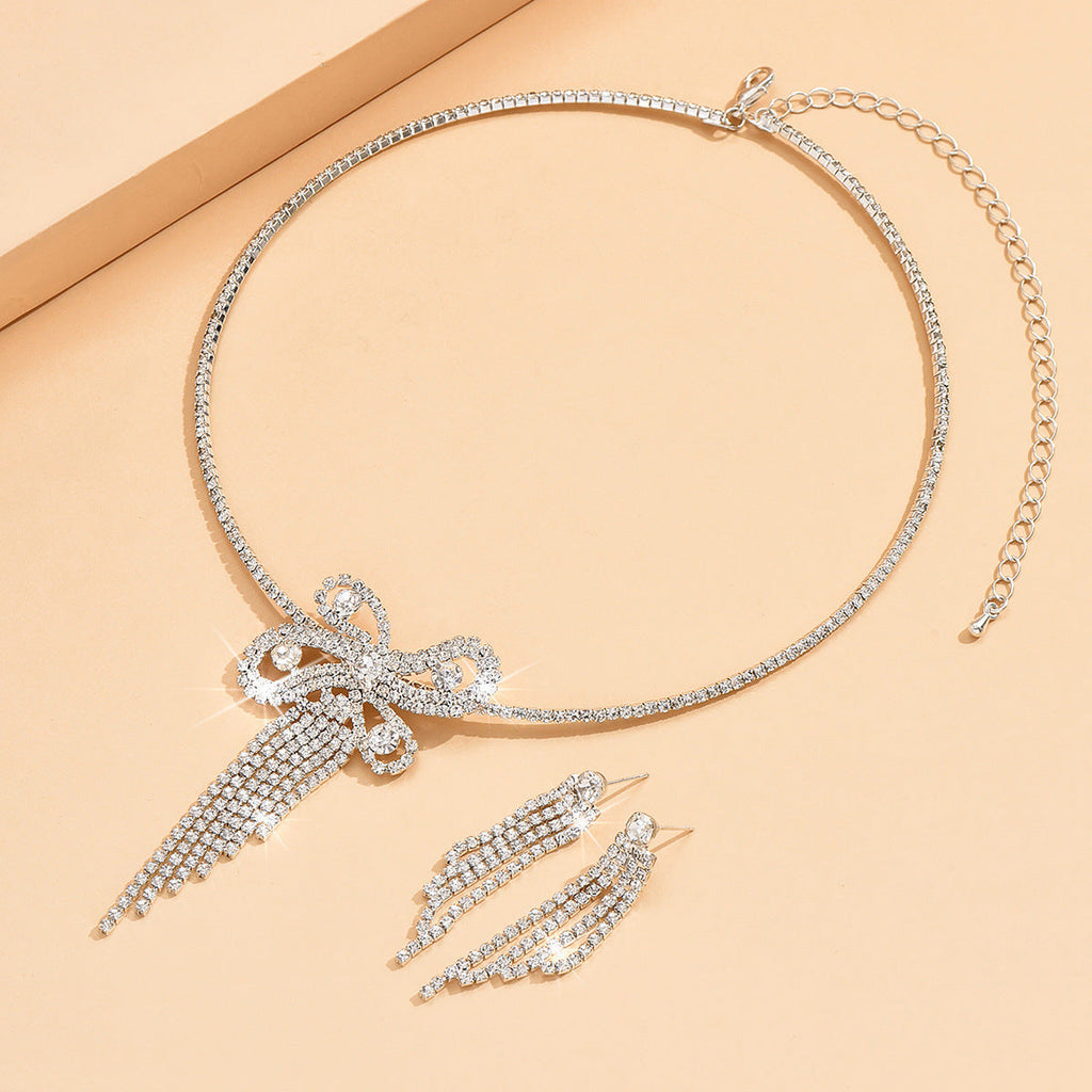 Women Full Paved Bow Tassel 2Pcs CZ Jewelry Set, V Tennis Choker Matching Long Fringe Drop Earrings Gold Rhodium Two Tone Plated For Wedding Pageant Evening Valentine Gift
