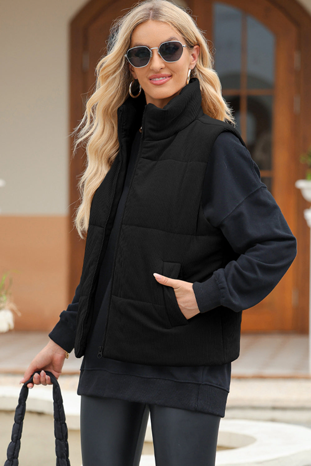 Pocketed Zip Up Turtleneck Vest Coat | Polyester